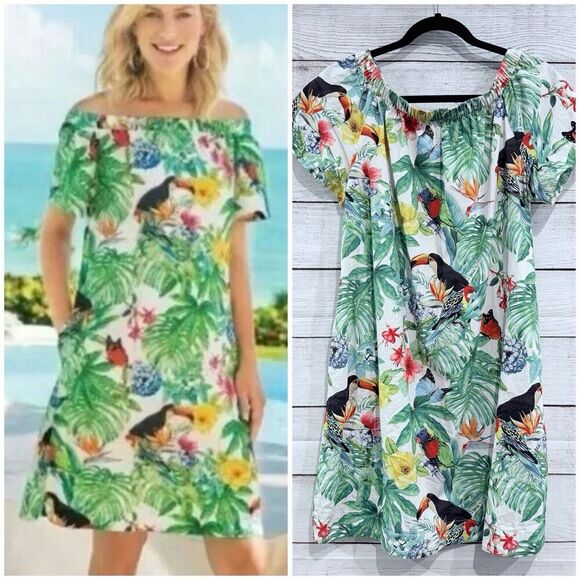 Soft Surroundings Mini Dress Off Shoulder Tropical Resort Vacation Size Large - Picture 1 of 10
